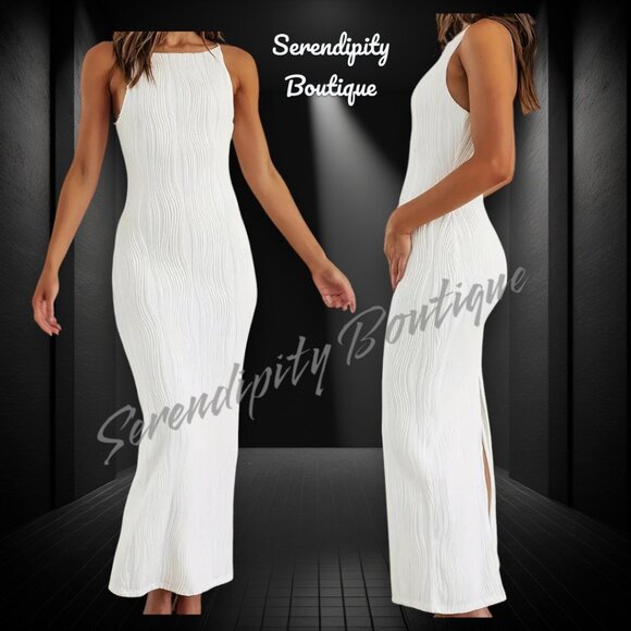Gabi Dresses & Skirts - Luxurious Curve Hugging Super Stretchy Strappy Halter Tea Length Bodycon Dress
